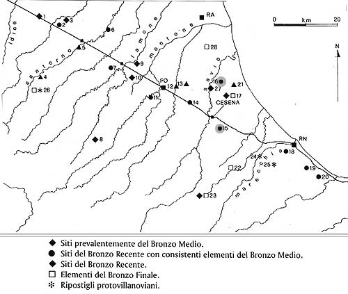 Localizzazione dei principali siti dell'età del Bronzo media e tarda in Romagna