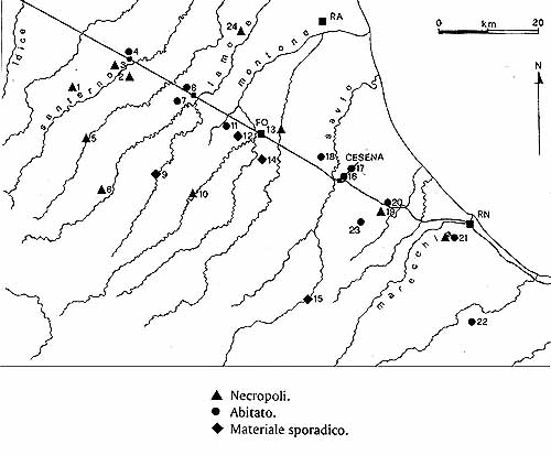 Localizzazione dei principali siti dell'età del Ferro avanzata in Romagna