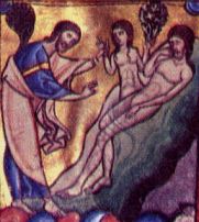 Nascita di Eva, miniatura sec. XII dalla Bibbia di Souvigny (Moulins, Biblioteca Municipale)
