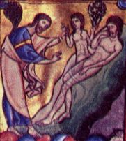 Nascita di Eva, miniatura sec. XII dalla Bibbia di Souvigny (Moulins, Biblioteca Municipale)