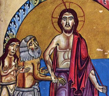 Ges� risorto con Adamo ed Eva, Evangeliario del XII sec., Abbazia di Nonantola