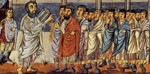 Mosè presenta la legge al suo popolo (miniatura carolingia)