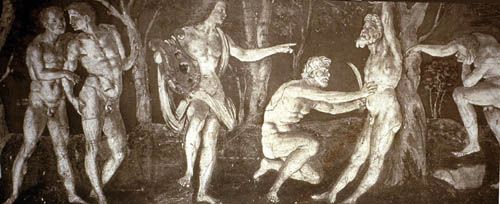 Baldassarre Peruzzi, Apollo e Marsia, 1509-11, affresco, Sala del Fregio, Villa Farnesina, Roma