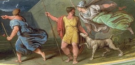 Ulisse si reca da Eumeo accompagnato da Minerva e viene riconosciuto da Argo (Palazzo Milzetti)