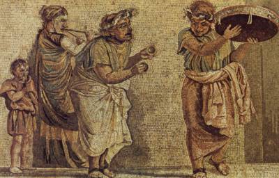 Musici ambulanti, mosaico di villa pompeiana