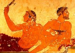 Banchetto greco dove uno dei commensali chiede che gli venga servito il vino ("Tomba del tuffatore", presso l'antica Paestum, Italia V sec. a.C.)