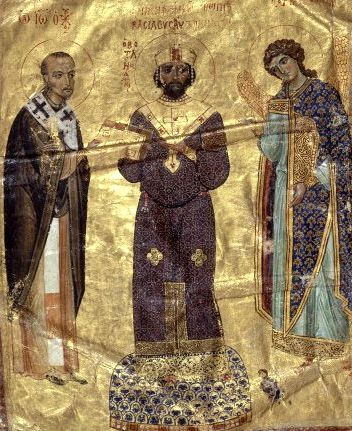 L'imperatore bizantino Niceforo III Botaniate con Giovanni Crisostomo e l'arcangelo Michele
