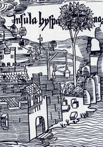 Costruzione del villaggio e del forte di Navidad a Hispaniola (xilografia del 1493-94)