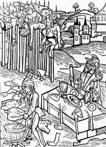 Boiardi condannati all'impalamento da Vlad Tepes nel 1459 (incisione di Strasburgo)