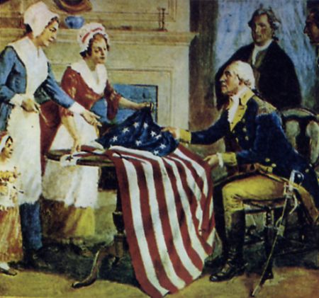 La bandiera americana consegnata da filatrici di Filadelfia a G. Washington, con 13 stelle e 13 strisce, rappresentanti le 13 colonie