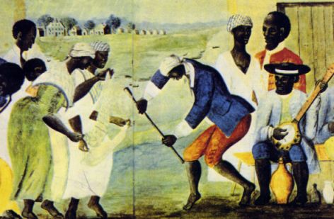 Cantanti e musicisti afroamericani in schiavitù in una piantagione del Sud degli USA (stampa del XVIII sec.)