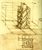 Studio di edificio a torre con scale esterne. Codice B 47 recto. L. da Vinci, Disegni, ed. Futuro