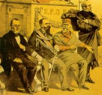 Cavour, V. Emanuele II, Garibaldi e Mazzini in una stampa celebrativa dell'Unit d'Italia