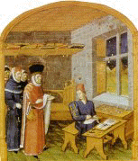Un miniaturista del XV sec. riceve nella sua bottega un nobile committente. (Parigi, Bibl. Naz.)