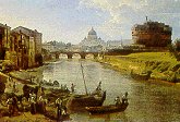 Roma vista dal Tevere (primi '800): sono visibili la cupola di S. Pietro e Castel Sant'Angelo