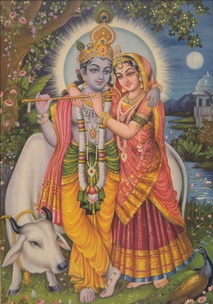 Krishna insieme a Radha e una vacca