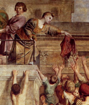Cecilia, martire romana, mentre distribuisce vestiti ai poveri (dipinto del Domenichino, Roma, part.)