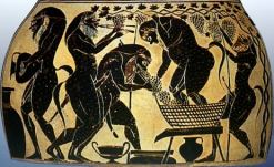 Particolare di anfora greca in cui sono riprodotte le varie fasi della vinificazione compiute da cinque satiri (VI sec.)