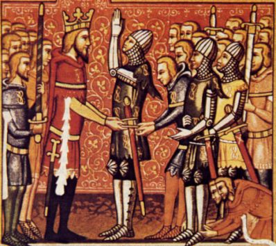 Cavalieri cattolici che si accingono ad andare a combattere, in atto di giurare fedelt al sovrano e di ricevere le armi