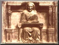 particolare del sepolcro di Giovanni d'Andrea, che rappresenta il dottore in cattedra; l'immagine tratta dalla copertina della pubblicazione IL MUSEO E LO STUDIO, Comune di Bologna, 1991